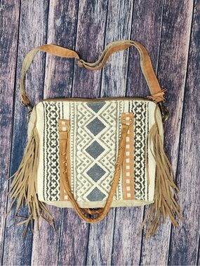 Fringed Boho Crossbody Bag in Cream and Tan